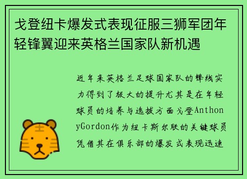 戈登纽卡爆发式表现征服三狮军团年轻锋翼迎来英格兰国家队新机遇