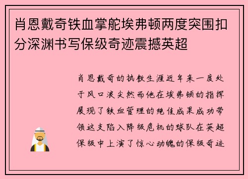 肖恩戴奇铁血掌舵埃弗顿两度突围扣分深渊书写保级奇迹震撼英超